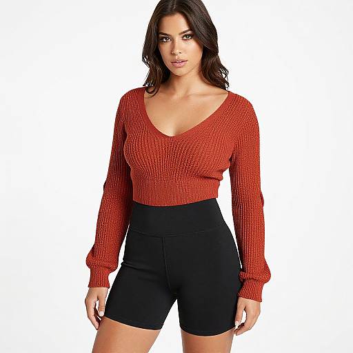 Woman in Terracotta Sweater and Black Biker Shorts