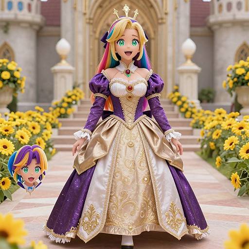 Digital anime-style image of a blonde princess with green eyes, rainbow hair, golden tiara, purple and gold dress, standing in a flower-lined castle