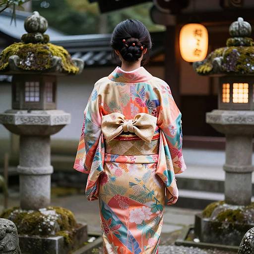 Woman in Silk Kimono with Half Knot Hairstyle in Temple Courtyard