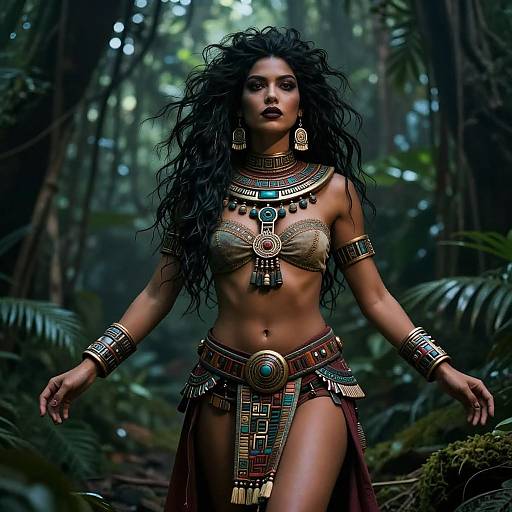 Photograph-style digital art of a fierce, dark-haired woman in tribal jungle attire with ornate jewelry, standing confidently in a dense, green forest.