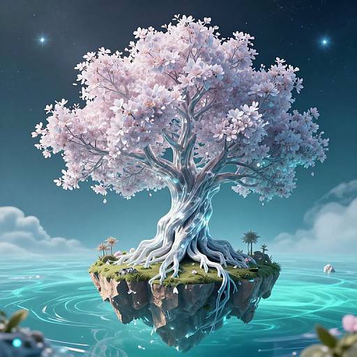 Digital artwork of a glowing, ethereal tree with pink blossoms on a floating island above luminous turquoise water under a starry sky.