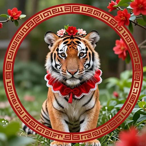 Photograph of a tiger with a red flower crown and ruffled red bow, framed by a red Greek key pattern, surrounded by vibrant red flowers and