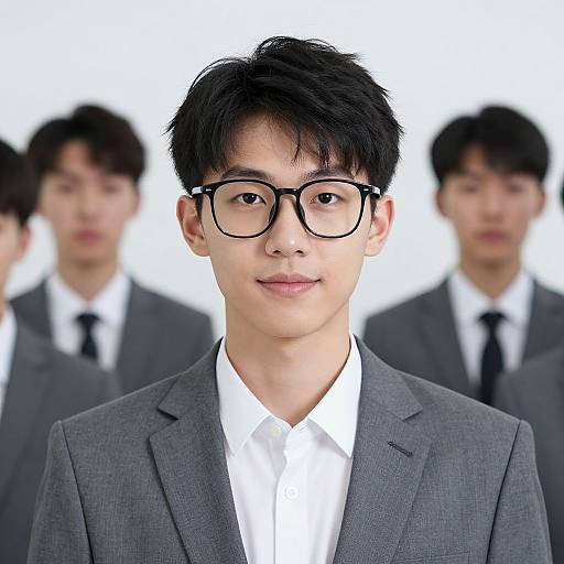Photograph of an Asian man with black glasses, short black hair, in a gray suit and white shirt, blurred background with identical men.