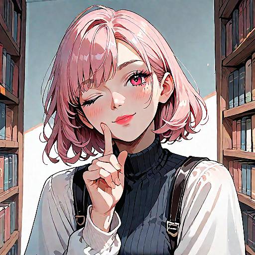 Anime Girl Smiling in Library