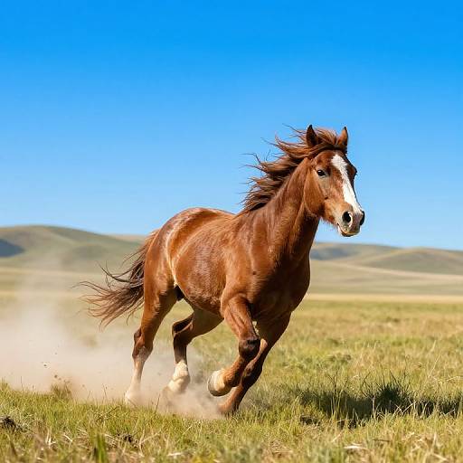 Photograph of a galloping brown horse with a white blaze, kicking up dust in a grassy field under a bright blue sky.