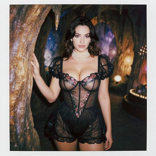Photograph of a curvy woman with dark hair, wearing a sheer black lingerie dress with floral embroidery, pearl necklace, in a dimly lit,