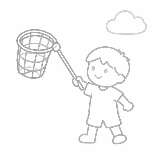 Black-and-white line drawing of a smiling child holding a wire mesh butterfly net, standing with one arm outstretched, and a small cloud in the