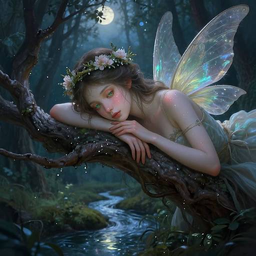 Digital fantasy artwork of a fairy woman with glowing wings, flower crown, resting on a tree branch by a moonlit forest stream.