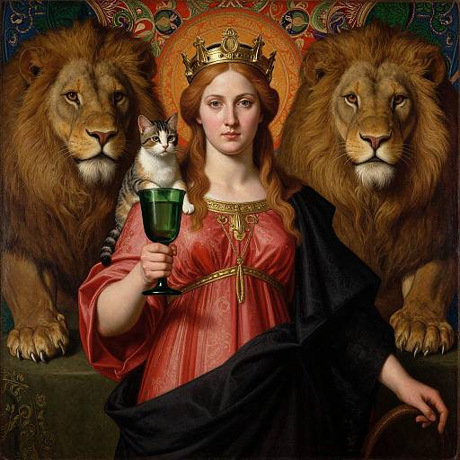 Pre-Raphaelite Circe with Lions and Cat