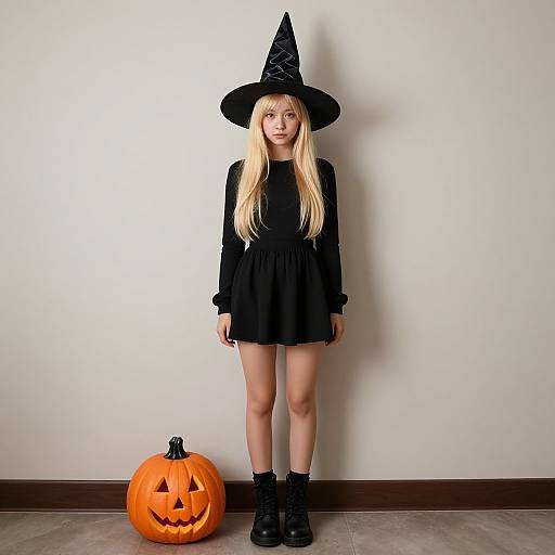 Photograph of a blonde girl in a black witch hat, long-sleeve dress, and boots, standing with a carved pumpkin by her feet against