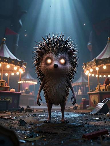 CGI illustration of a glowing-eyed, spiky hedgehog standing in a dark, carnival-like setting with illuminated tents and debris under a blue spotlight.