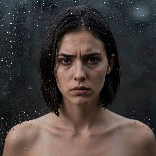 Photograph of a serious, shirtless young woman with wet, dark hair, staring intensely against a dark, rain-speckled background.