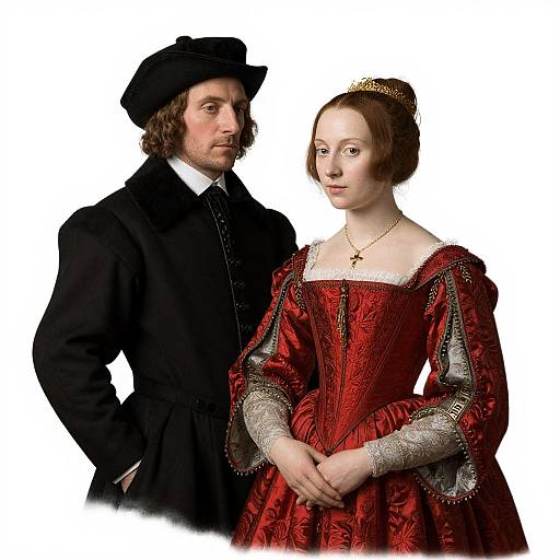 Photorealistic digital painting of a 16th-century couple; man in black hat and suit, woman in red brocade dress with gold trim.