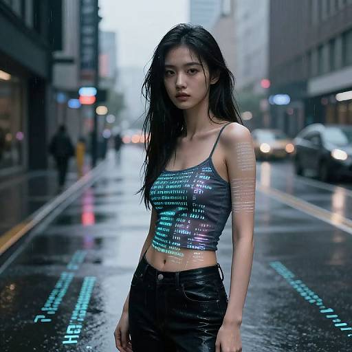 Digital art: Asian woman with long black hair, wearing a glowing blue crop top and black leather pants, stands in a rainy city street at night,