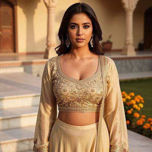 Photograph of a beautiful South Asian woman with medium skin tone, dark wavy hair, wearing an ornate gold traditional outfit, standing in a sun