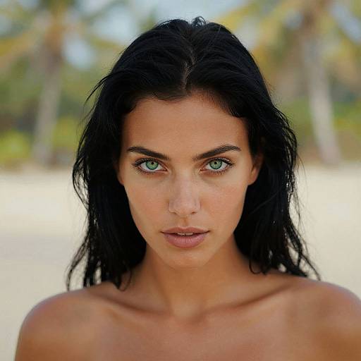 Photograph of a striking young woman with long black hair, piercing green eyes, and fair skin, standing against a blurred tropical beach background. She is