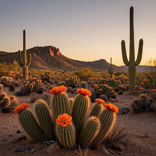 Photograph of a desert sunset with vibrant orange cactus flowers, tall cacti, and rocky hills under a clear sky.
