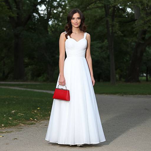 Photograph of a brunette woman in a white, sleeveless, V-neck, full-length gown, holding a red handbag, standing on a park