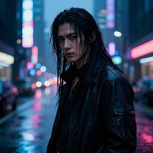 Photograph of a wet-haired, brooding young woman in a black leather jacket standing in a rain-soaked, neon-lit urban street at night