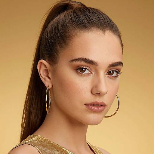 Photograph of a young woman with light brown skin, brown eyes, and dark brown hair in a high ponytail, wearing gold hoop earrings and a