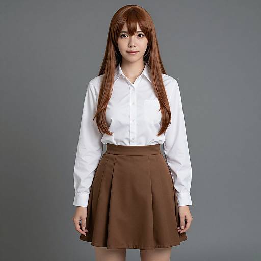 Photograph of an Asian woman with long brown hair, wearing a white long-sleeve shirt and brown pleated skirt, standing against a gray background