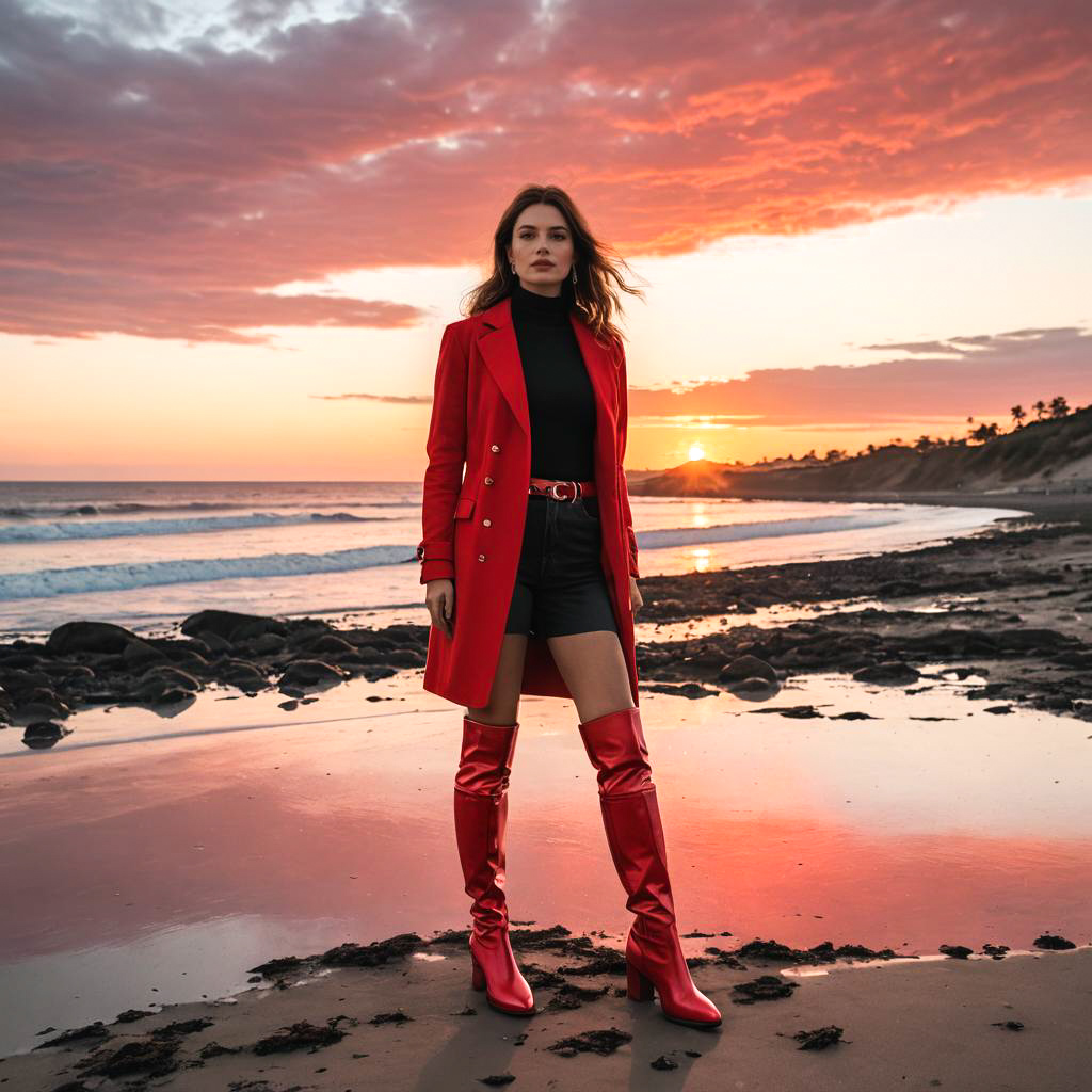 Chic Woman in Red Boots at Sunset