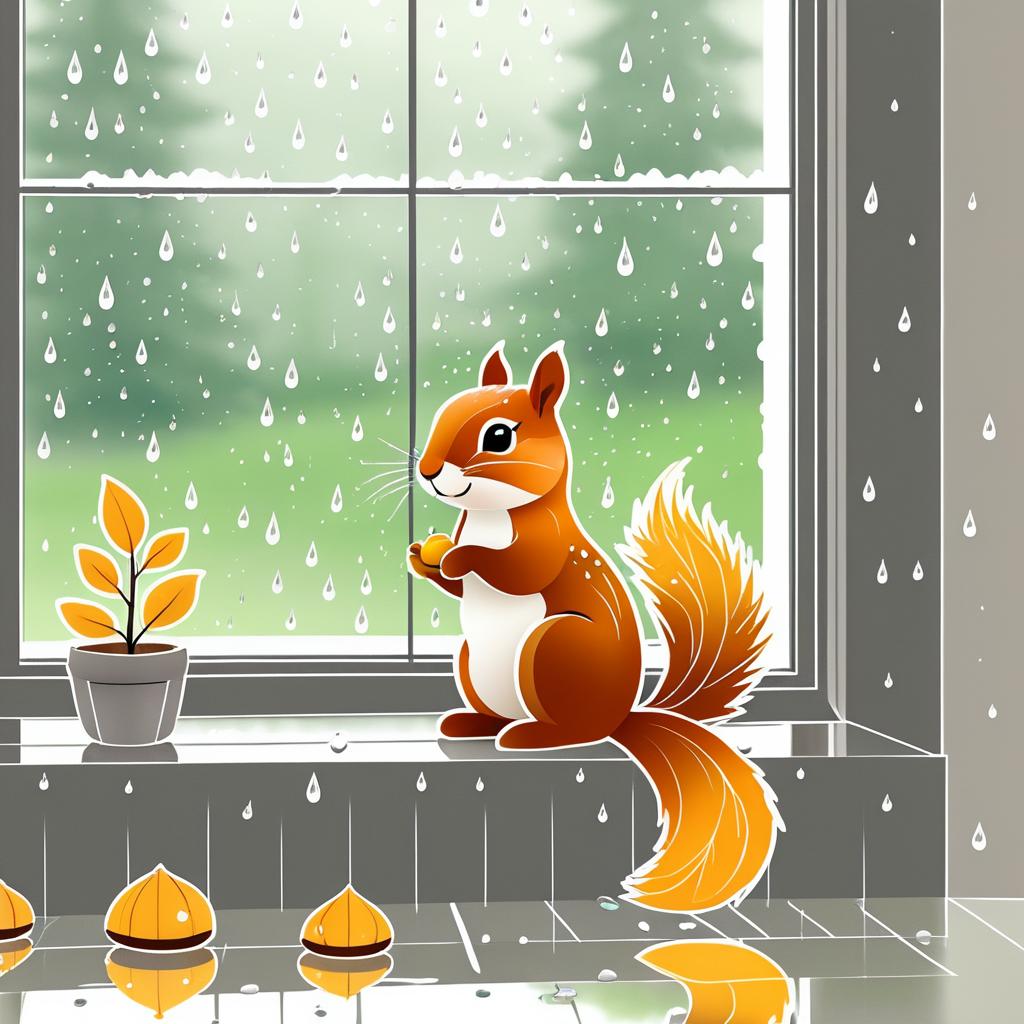 Cheerful Squirrel by Window on Rainy Day