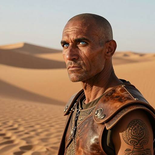 Photorealistic CGI of a bald, muscular, dark-skinned man with blue eyes, wearing detailed brown leather armor, standing in a desert with golden