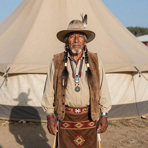 Photograph of elderly Native American man with gray beard, brown fur vest, traditional hat, feathered, beige tee, brown skirt, standing in front