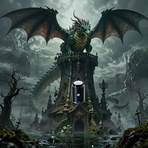 Digital fantasy artwork: massive dragon with dark wings and glowing green scales looms over a gothic, ruined tower surrounded by murky water, gravestones