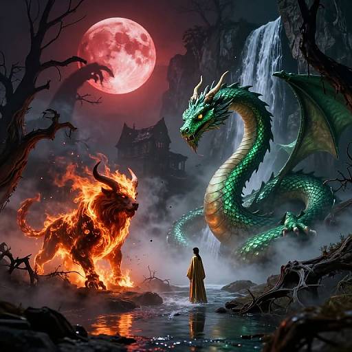 Digital fantasy artwork: Green dragon with glowing scales, fiery red beast, full moon, waterfall, misty forest, cloaked figure, dark castle.