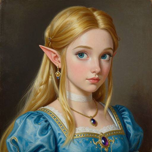 Digital painting of a fair-skinned, blonde elf girl with blue eyes, pointed ears, wearing a blue dress with gold trim, white lace collar,