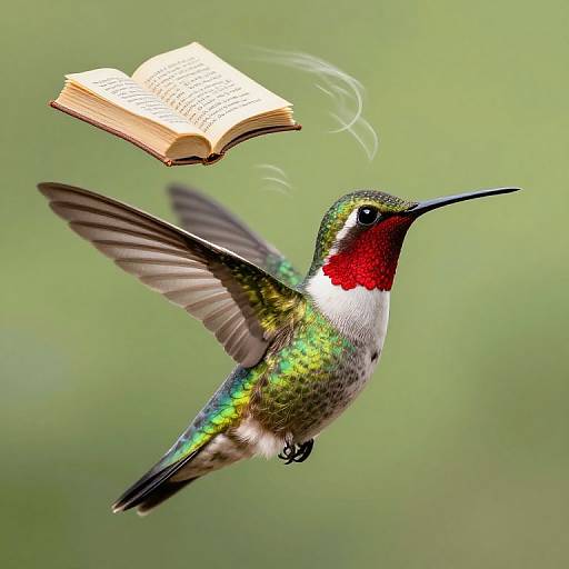 Photograph of a vibrant hummingbird with green, iridescent feathers, red throat, and white chest, mid-flight, carrying an open book in