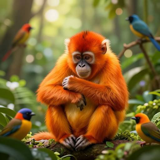 Photograph of an orange-red monkey with soft fur, sitting in a lush, green forest, surrounded by colorful birds with blue, yellow, and red