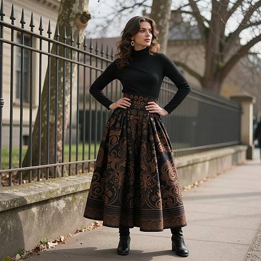 Elegant Woman in Patterned Gown on Sidewalk