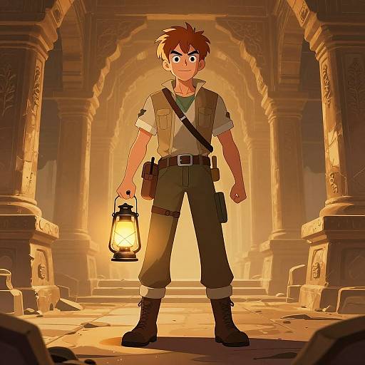 Animated boy with brown hair, green eyes, and adventurer outfit holds lantern in ancient, dimly-lit stone archway, wearing belt and pouches