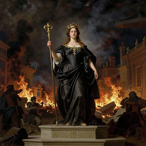 Photograph-style digital painting of a regal woman in black, crowned, holding a golden staff, standing amidst flames and kneeling figures.