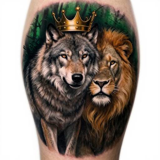 Digital art of a regal wolf with a golden crown, standing beside a majestic lion, against a dark forest background.