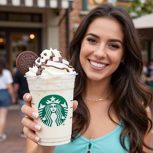 Photograph of a smiling young woman with long brown hair, holding a Starbucks frappuccino topped with whipped cream and a cookie, in an outdoor