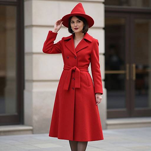 Photograph of a woman in a vibrant red coat and matching hat, standing in an urban setting, adjusting her hat.