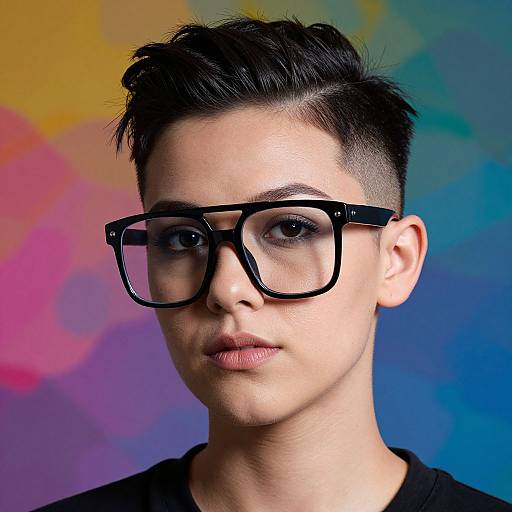 Photograph of a young person with short, dark hair, undercut, and black square glasses, wearing a black shirt, against a colorful, abstract background