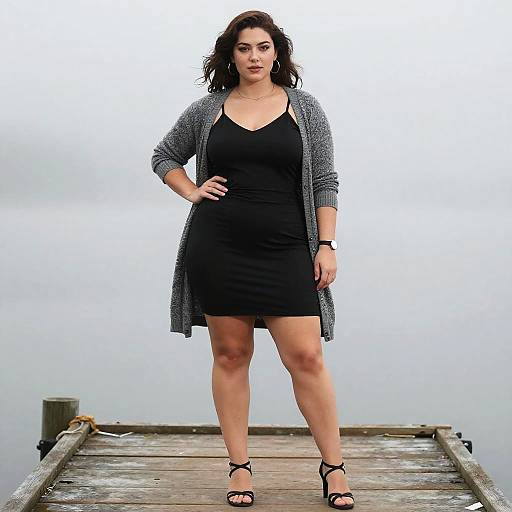 Photograph of a confident woman with wavy dark hair, wearing a black dress, gray cardigan, and black heels, standing on a wooden dock