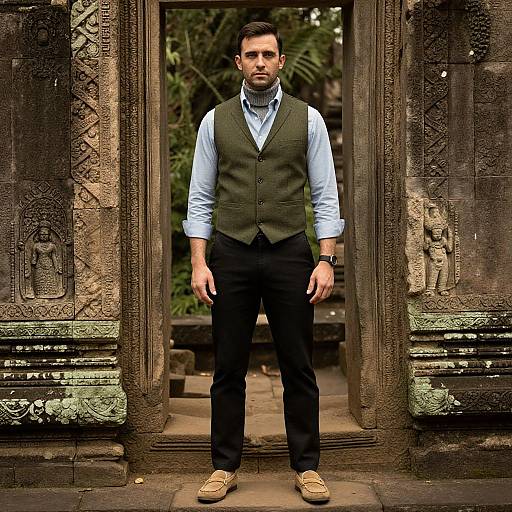 Photograph of a serious, bearded man in a light blue shirt, dark green vest, black pants, and tan shoes, standing in an intric
