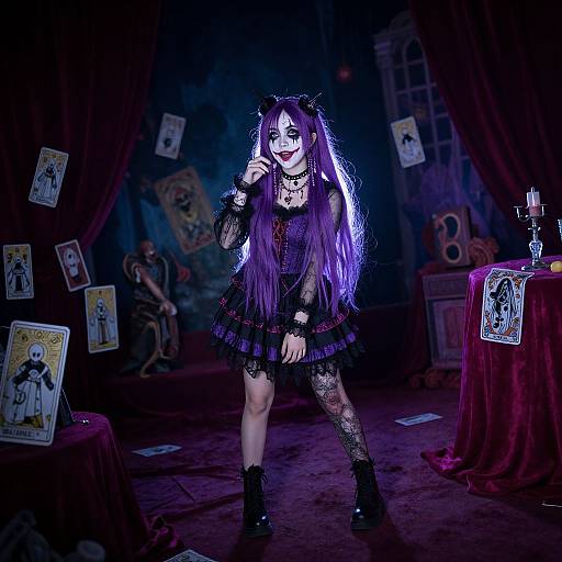 Gothic woman with long purple hair, black lace dress, and fishnet stockings, stands in dimly lit room with tarot cards floating around