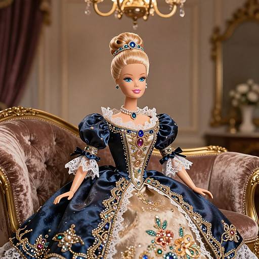Photorealistic Barbie doll in a detailed, opulent blue and gold royal ball gown, seated on an ornate velvet sofa, elegant chandelier overhead