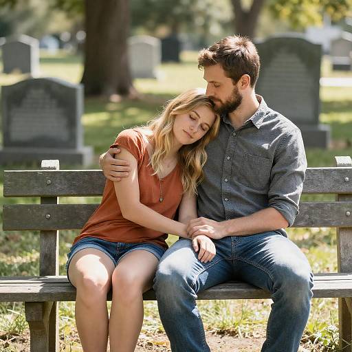 Sunlit Embrace on Cemetery Bench