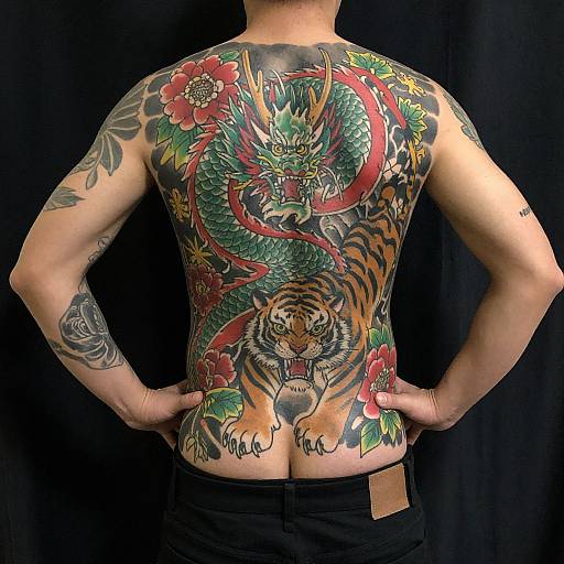 Photograph of a tattooed man from behind, showcasing a vibrant, detailed dragon and tiger design on his back, with red flowers and green leaves,
