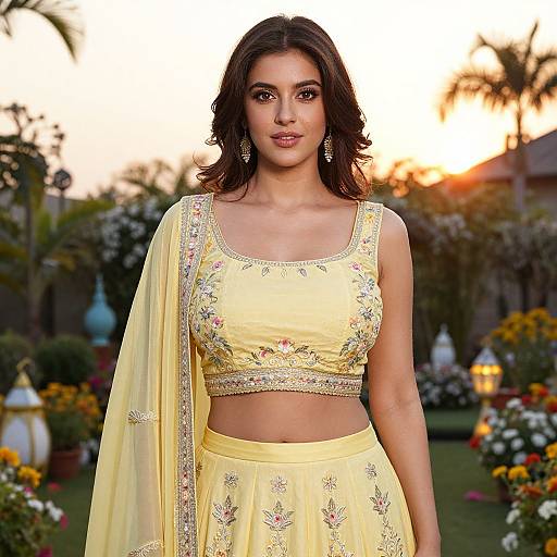 Photograph of a beautiful Indian woman with medium brown skin and dark wavy hair, wearing a yellow floral crop top and matching skirt, standing in a