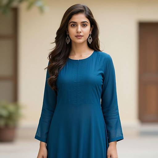 Photograph of a young South Asian woman with long black hair, wearing a blue long-sleeve kameez, standing against a blurred beige background