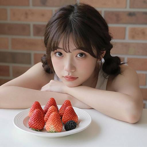 Asian Girl with Strawberries and Pigtails